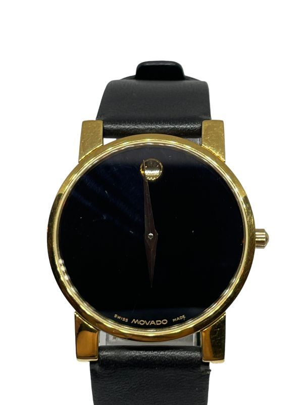 MOVADO モバード 87 64 875 ミュージアム ブラック文字盤 ゴールドカラー レザー 黒 QZ メンズ腕時計の画像2