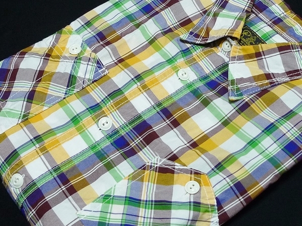 美品CUSHMANクッシュマン[25836]半袖マドラスチェックワークシャツM(38)白x黄x緑 山ポケ