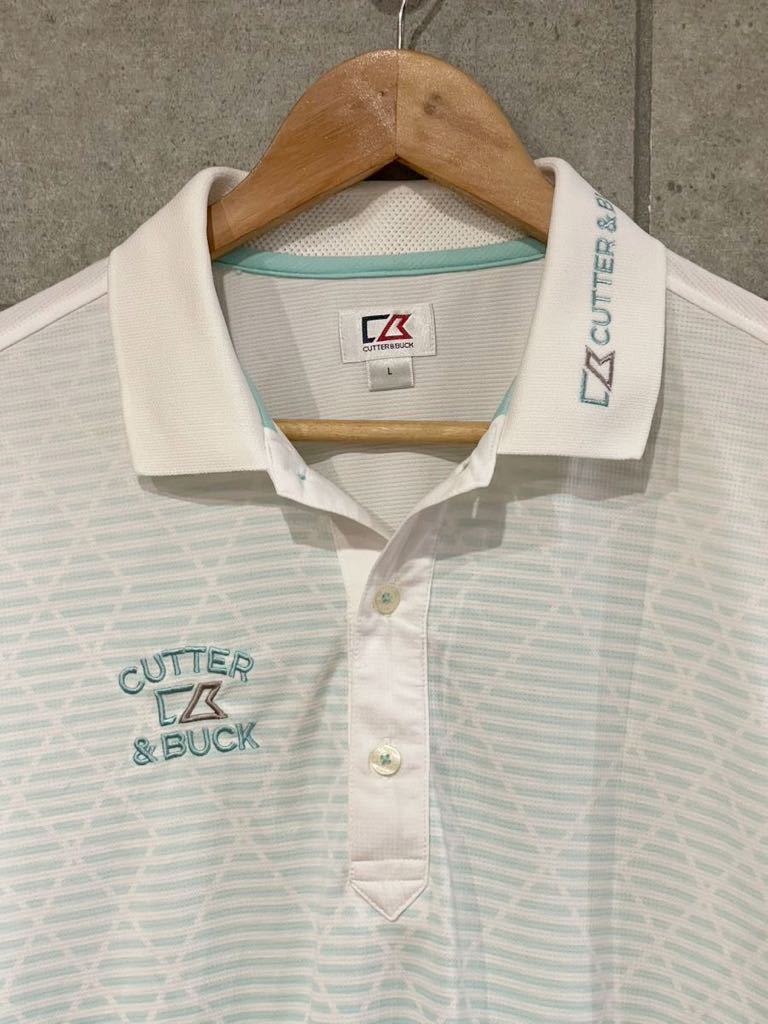 夏本番！ CUTTER&BUCK カッターアンドバック 速乾性 半袖 ポロシャツ 白 水色系 Lサイズ メンズ ゴルフウェア ネコポ可 新規×_画像2