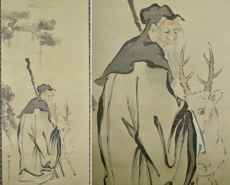 真作】 狩野探幽 『人物・布袋・福禄寿』 絹本 三幅掛軸 保存箱 江戸 真作】 狩野探幽 『人物・布袋・福禄寿』 絹本 三幅掛軸 保存箱 江戸