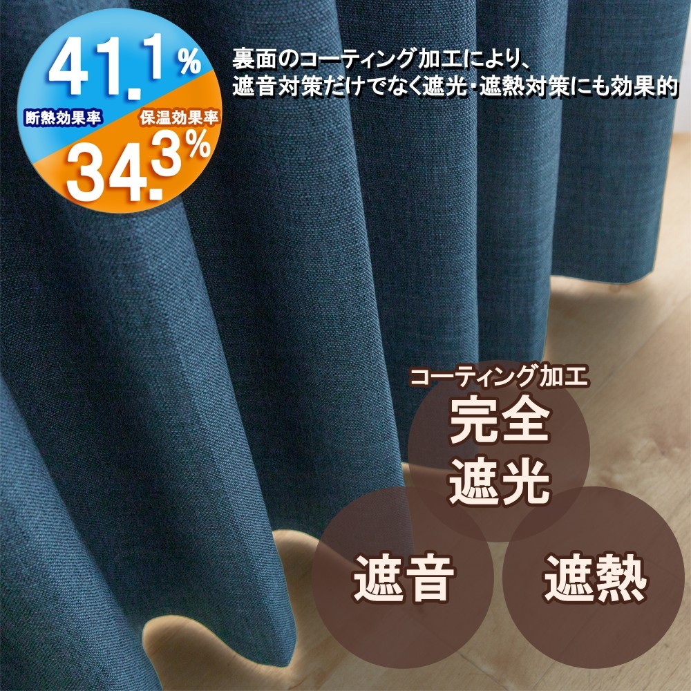 カーテン 幅300cm×丈205cm1枚 ダークブルー 完全遮光 遮光1級 省エネ 遮音 遮熱 断熱 保温 日本製 形状記憶加工付 246サイズ展開_画像2