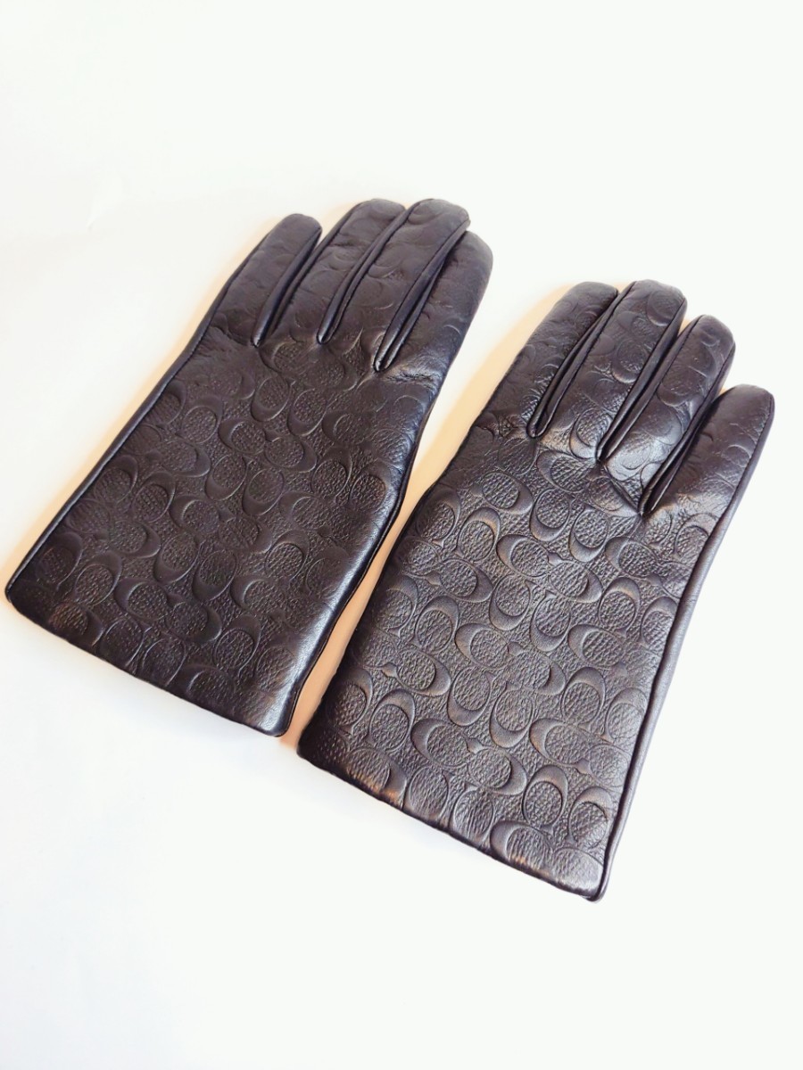 美品 正規品 コーチ レザー手袋 シグネチャー 革手袋 レザーグローブ 手袋 黒 ブラック 7インチ Mサイズ 全長21cm レディース MWCM-3004S