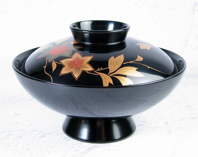 輪島塗　漆光堂造　木製 黒漆蒔絵吸物椀5客 No2　幅：13.6cm　共箱・共紙/23d090