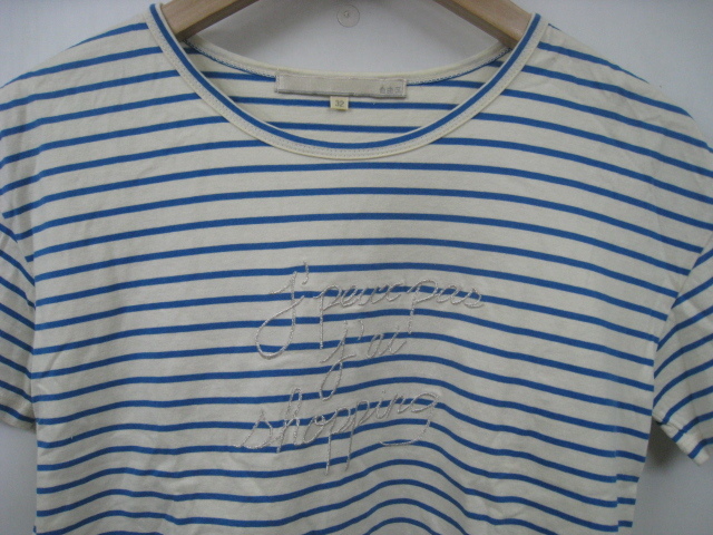 自由区 ジユウク Tシャツ 半袖 ボーダー 刺繍 銀色/シルバー サイドスリット 白×青 ホワイト×ブルー サイズ32_画像2