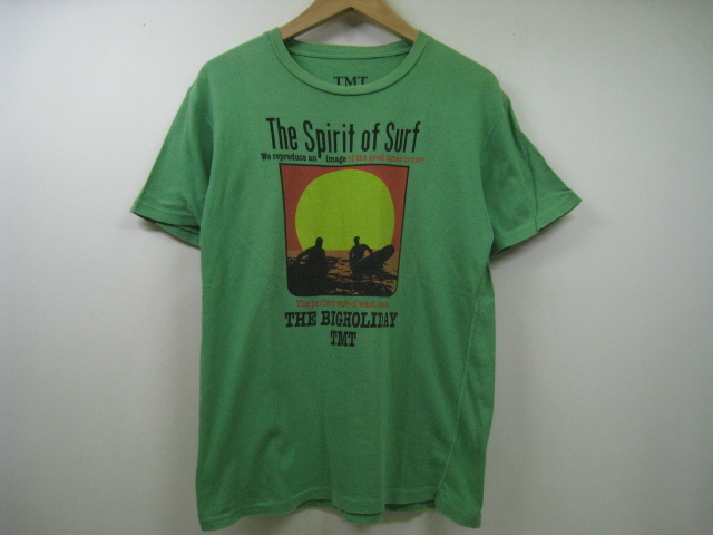 TMT BIG HOLIDAY ティーエムティー Tシャツ 半袖 コットン100％ サーフィン 夕日 海 プリント 緑 グリーン サイズM_画像1