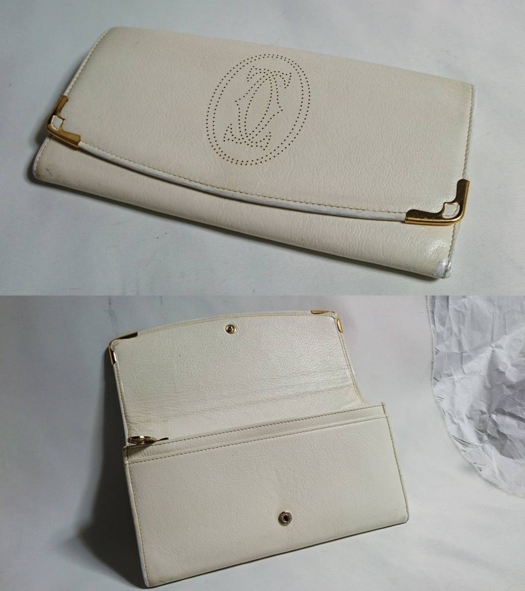  regular good hard-to-find! Cartier Cartier maru contrabass 2C Logo long wallet white change purse . have white × Gold punching brand emblem man and woman use possible 