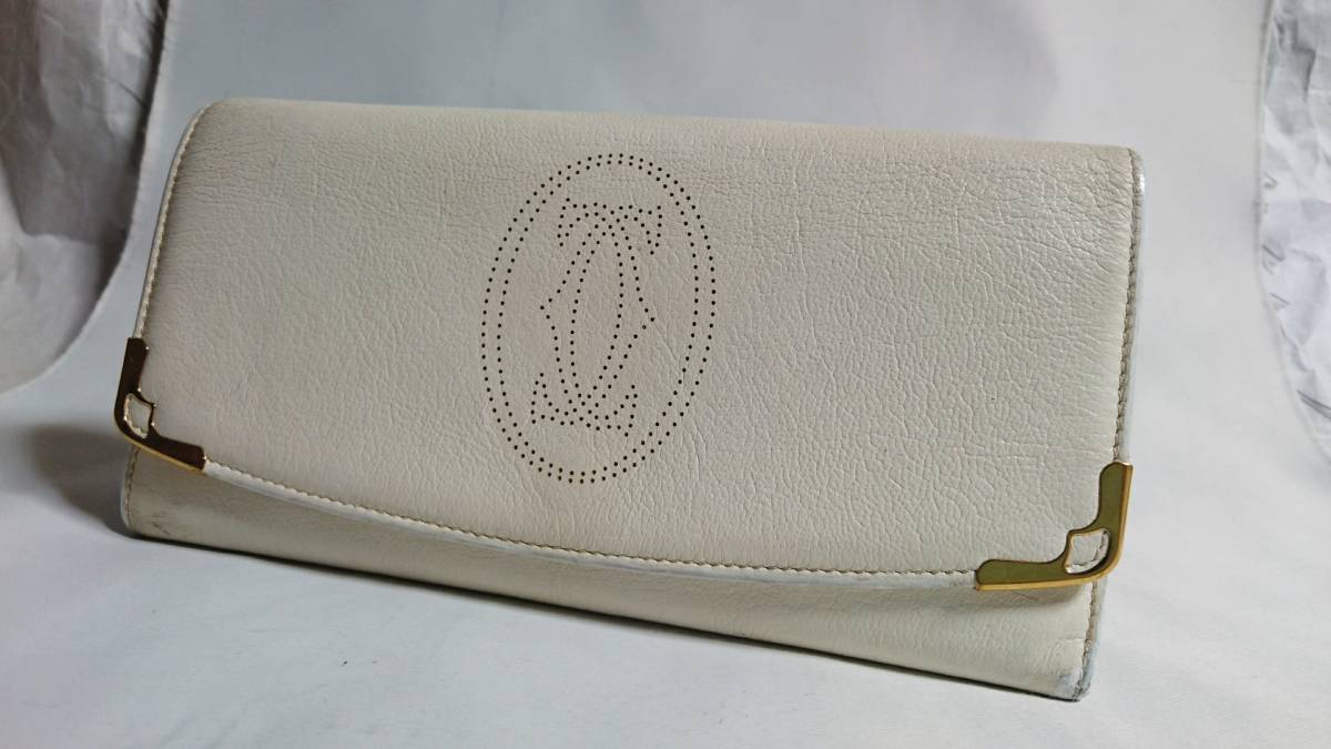  regular good hard-to-find! Cartier Cartier maru contrabass 2C Logo long wallet white change purse . have white × Gold punching brand emblem man and woman use possible 