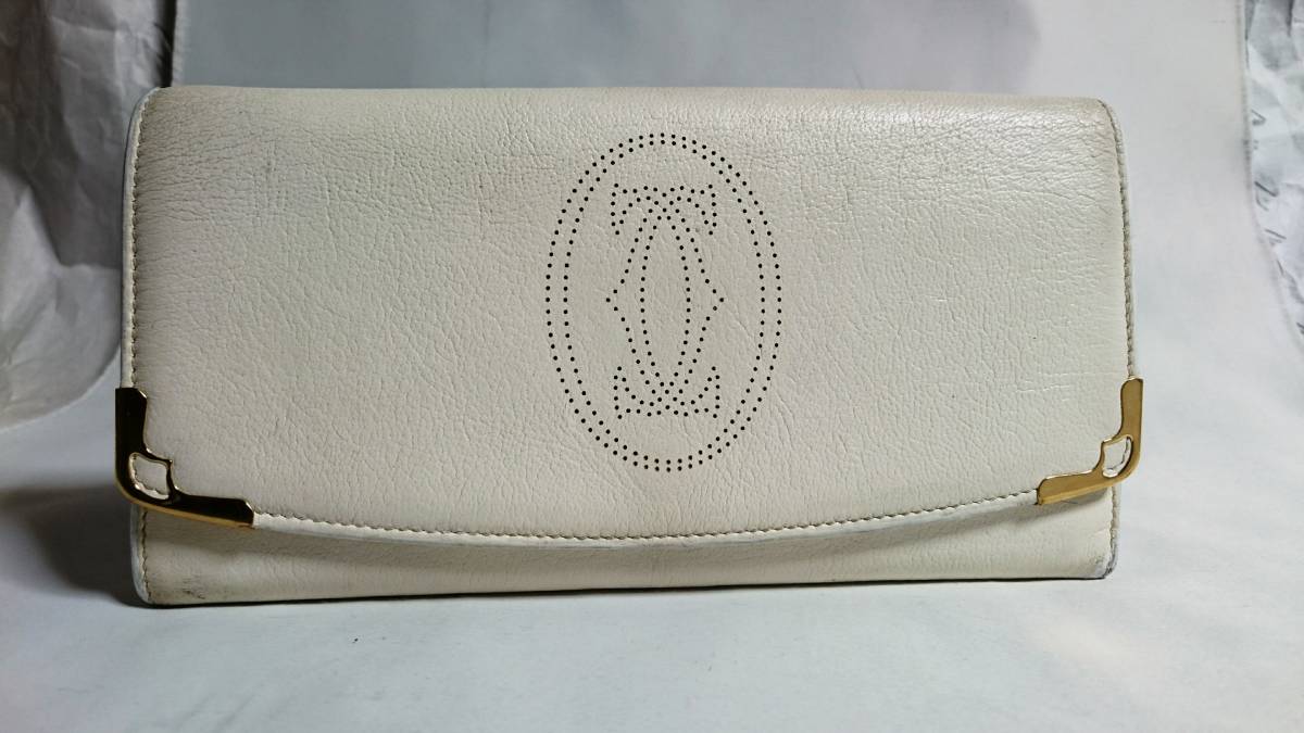  regular good hard-to-find! Cartier Cartier maru contrabass 2C Logo long wallet white change purse . have white × Gold punching brand emblem man and woman use possible 