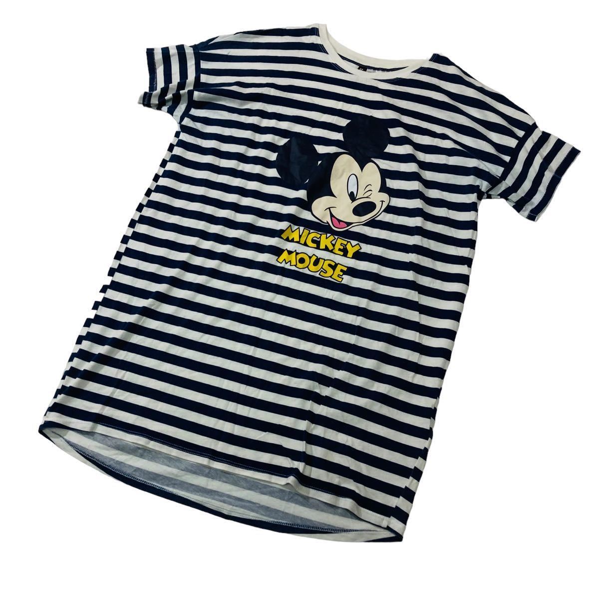 IK144 H&M エイチアンドエム 半袖 ロングTシャツ Disney ディズニー MICKEY MOUSE ミッキーマウス プリントTシャツ US Sサイズ ボーダー柄_画像5