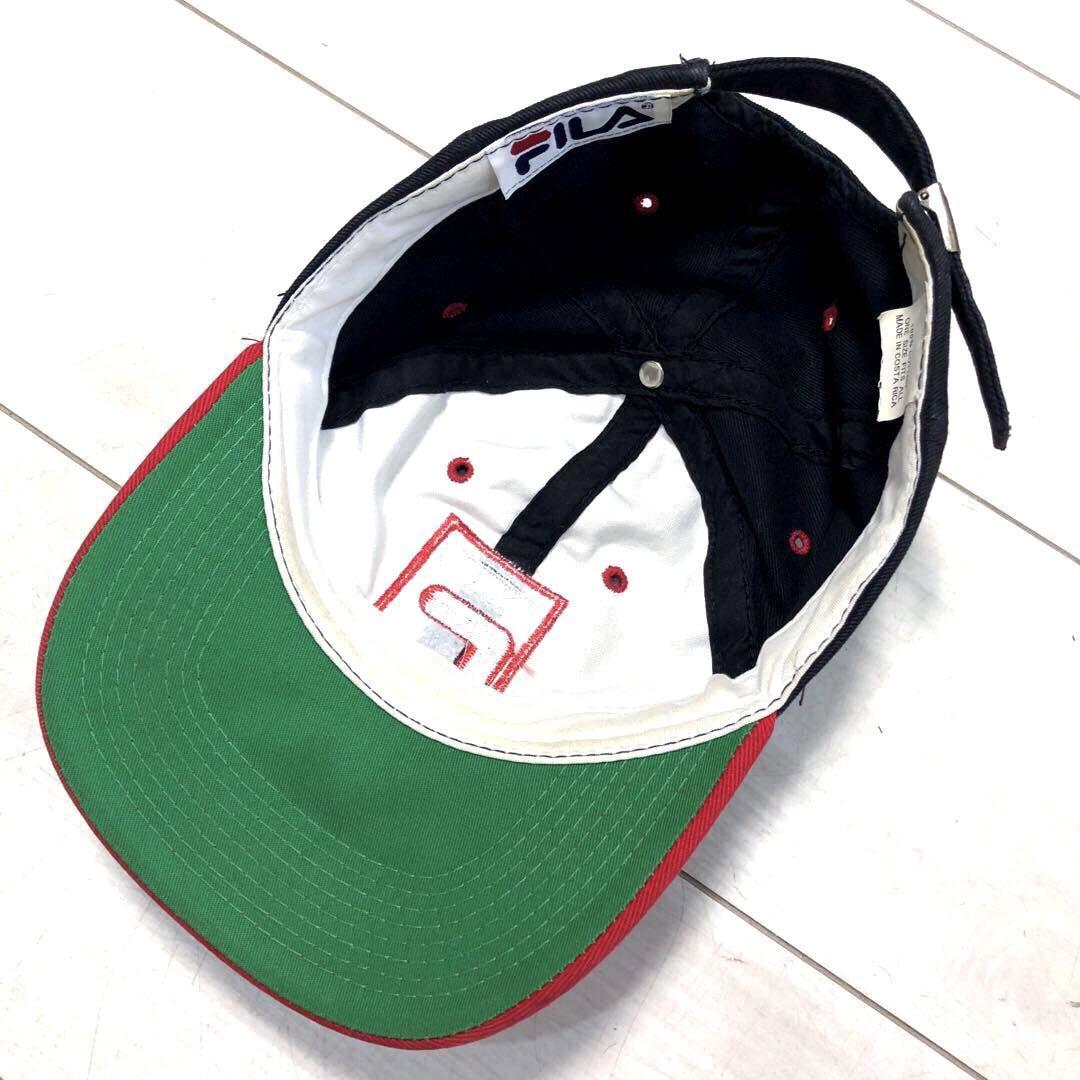 80s 90s rare Costa Rica made tsuba reverse side green FILA CAP black red hat Old Vintage filler Baseball cap sport Street old clothes 