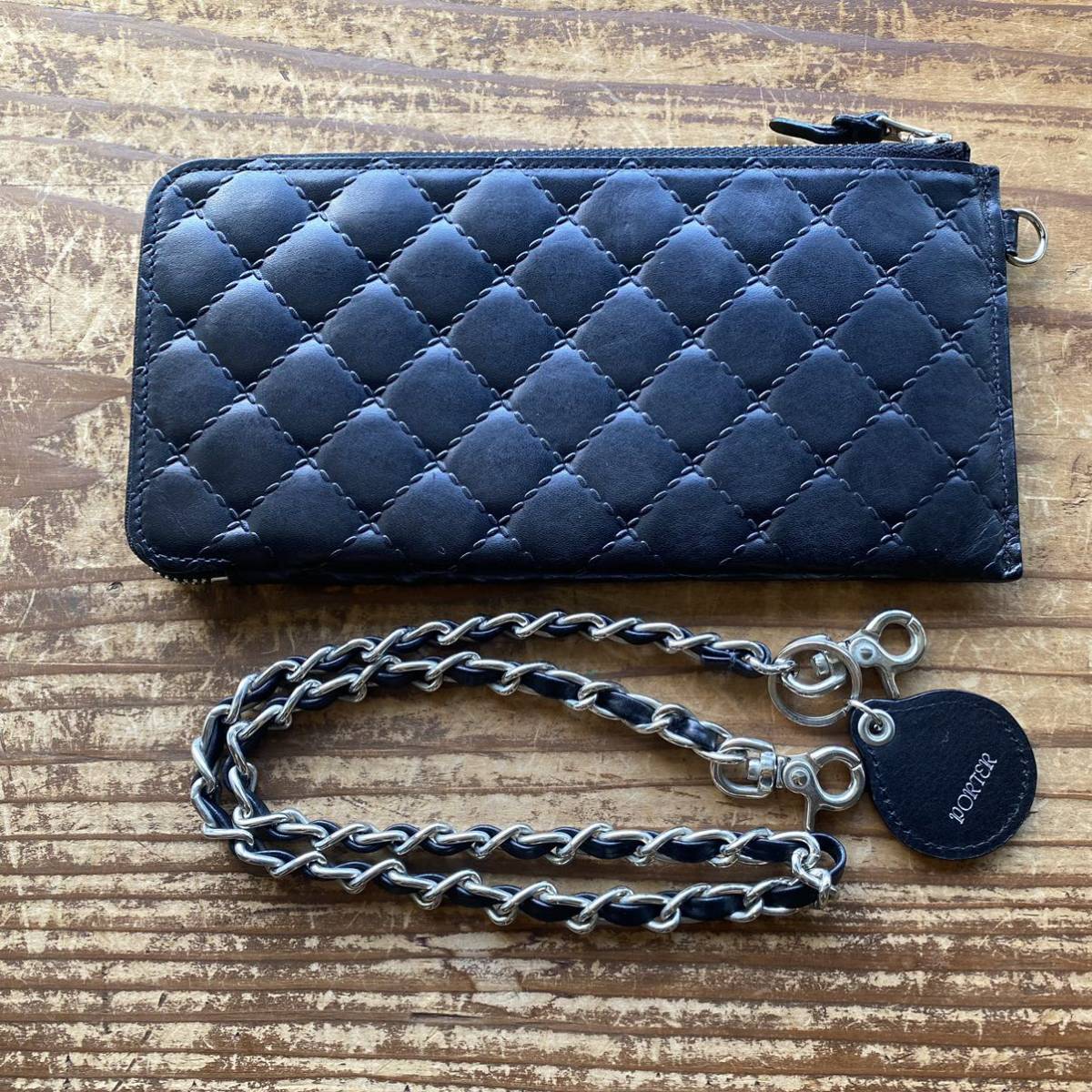 [ rare PORTER leather quilting wallet long wallet wallet chain Porter BEAMS special order Yoshida bag tongue car black black . inserting ]