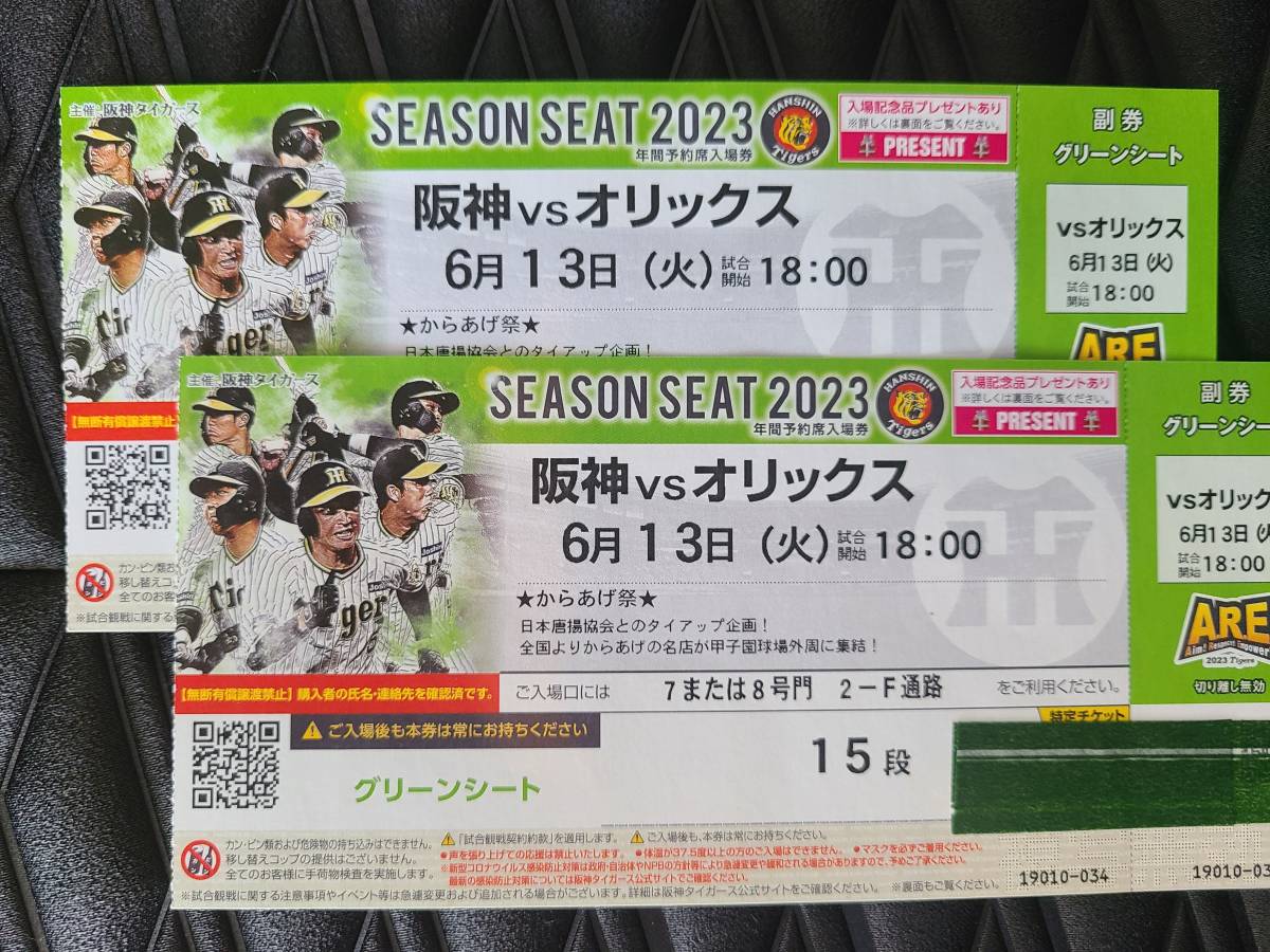  Hanshin vs Orix Koshien pair ticket g lean seat 6/13( fire )