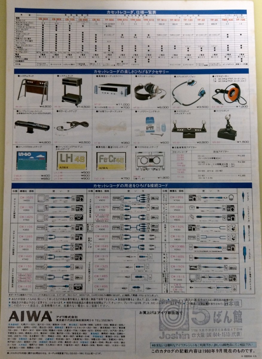 1980年　アイワ AIWA　ラジカセ　カタログのみ　表紙、裏表紙含め全8ページ　CX90X、 CS-5、カセットボーイ　昭和レトロ　当時物_画像2