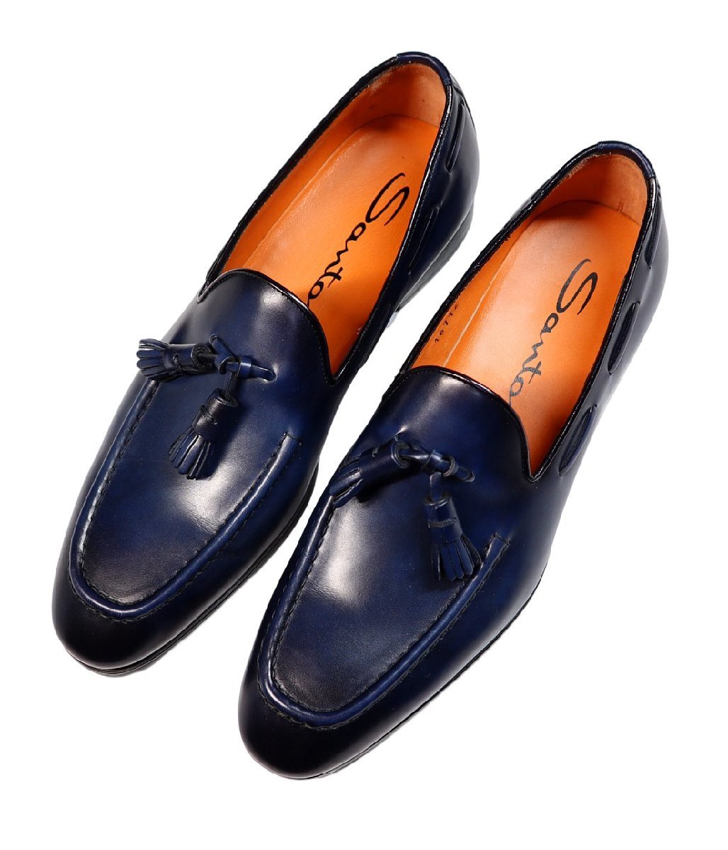  beautiful elegant antique navy blue color![ Santoni / sun to-ni(.] beautiful beauty long nose form. tassel leather slip-on shoes 6