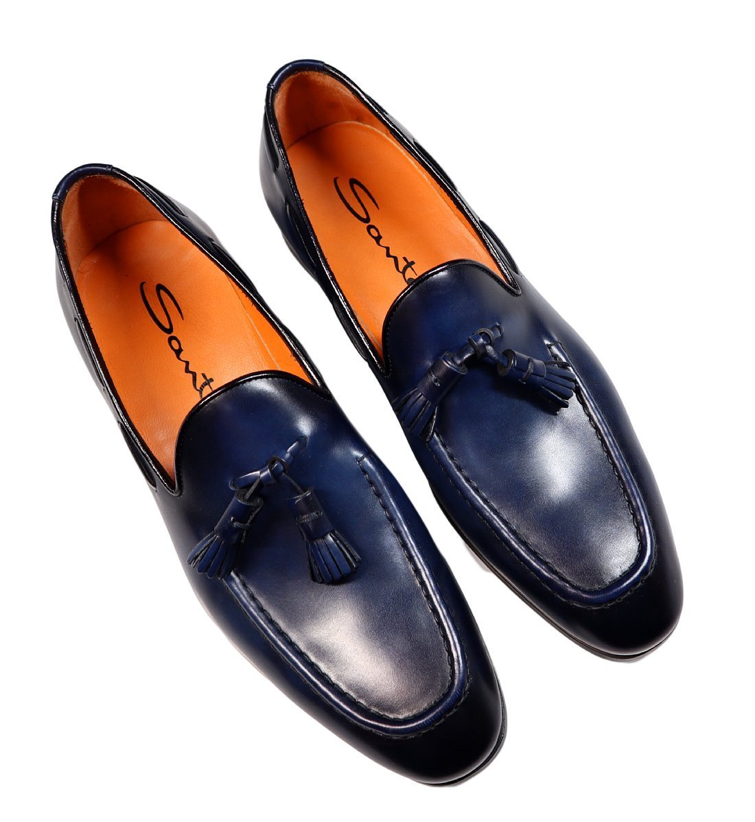  beautiful elegant antique navy blue color![ Santoni / sun to-ni(.] beautiful beauty long nose form. tassel leather slip-on shoes 6