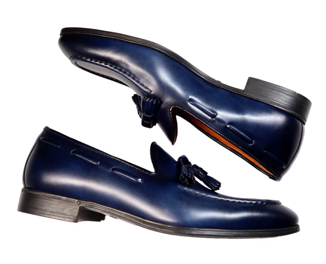  beautiful elegant antique navy blue color![ Santoni / sun to-ni(.] beautiful beauty long nose form. tassel leather slip-on shoes 6