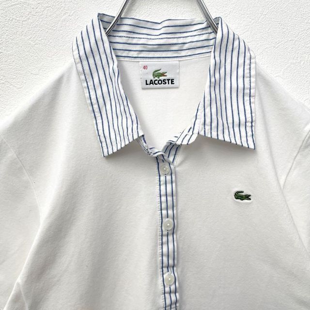 【大人気】ラコステ　ワニロゴ　ワンポイント　半袖ポロシャツ　ホワイト　ストライプ　切替　レディース　40サイズ　LACOSTE_画像3