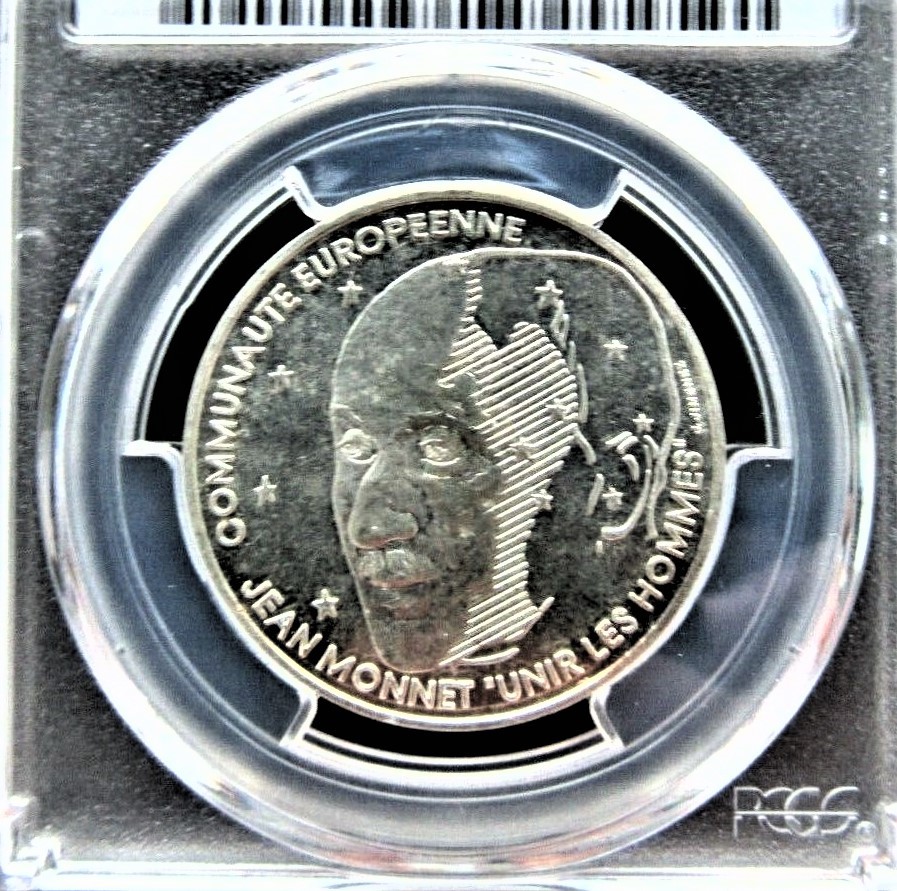 ★★ 稀少 フランス 1992年 ジャン・モネ(欧州連合の父) 100Fr 15g .900銀貨 PCGS MS65 ★★_画像3