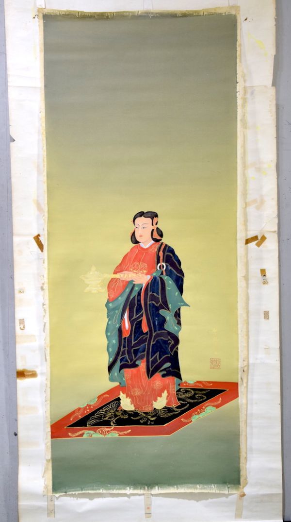 【模作】松山隠士「聖徳太子像」 マクリ 掛軸 絹本 彩色金泥 捲り 日本画 仏画 仏教美術 裏打ち有 y91611569_画像2