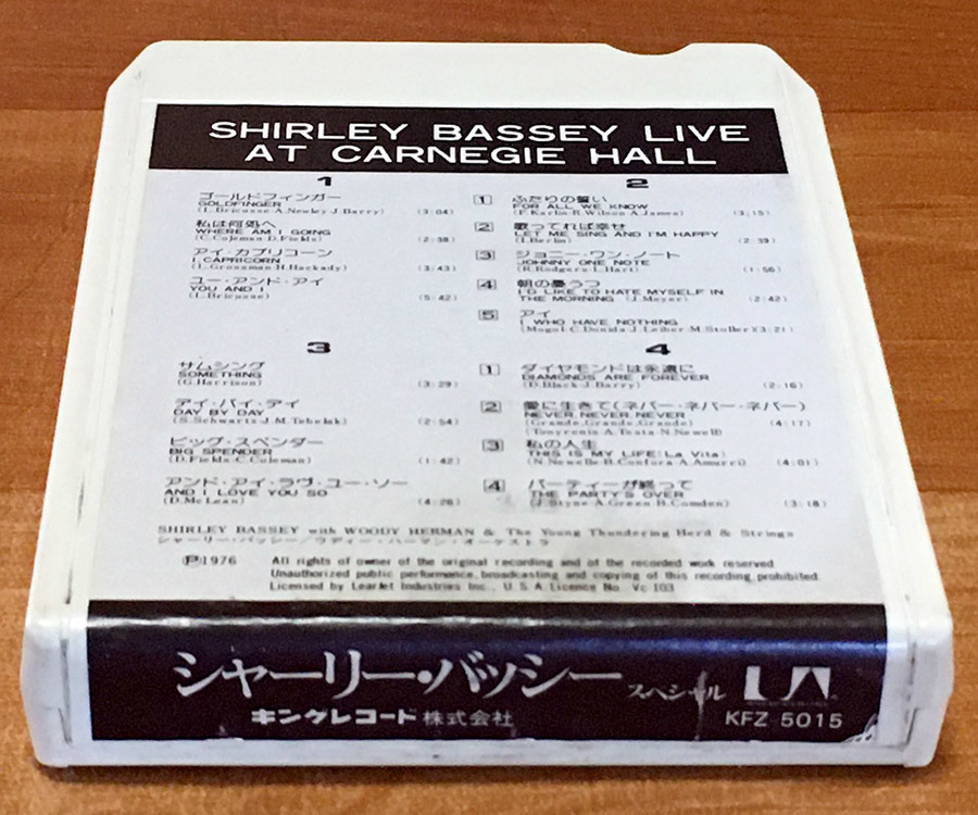 ◆8トラック(8トラ)◆完全メンテ品□シャーリー・バッシー [スペシャル Live at CARNEGIE HALL] - 'ゴールドフィンガー'等17曲収録◆_画像6