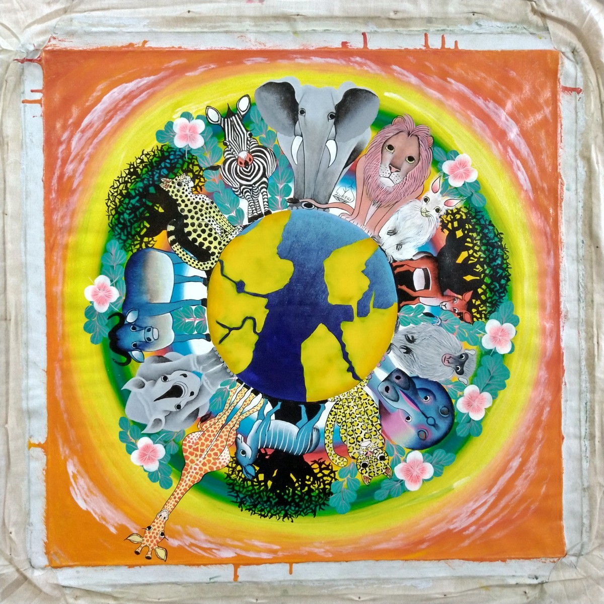 ○アフリカ絵画:ティンガティンガ『 Animal world -orange 』by