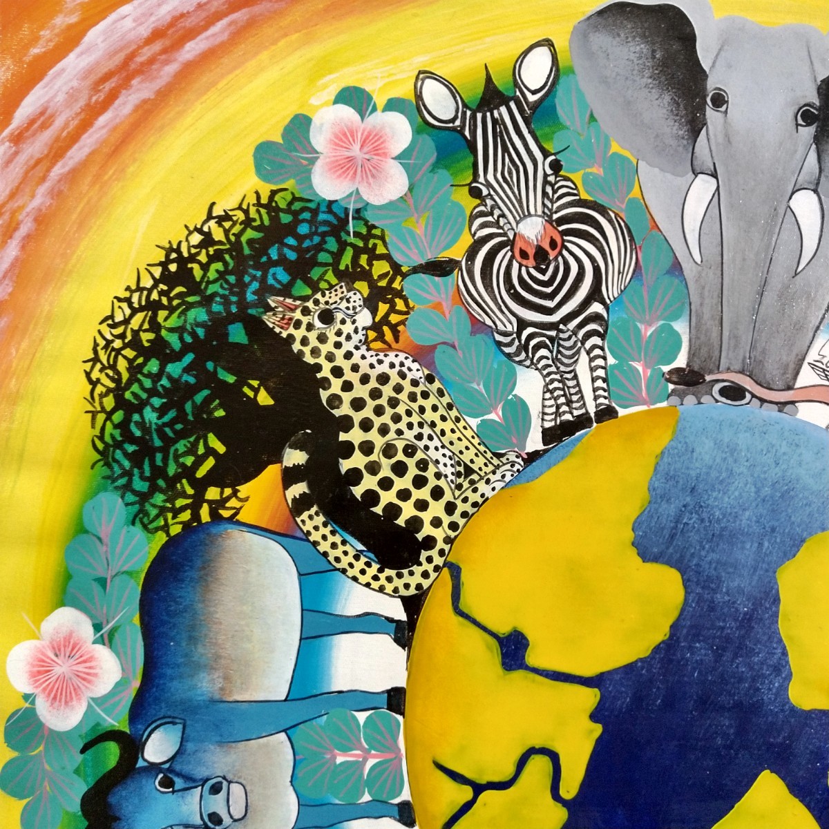 ○アフリカ絵画:ティンガティンガ『 Animal world -orange 』by