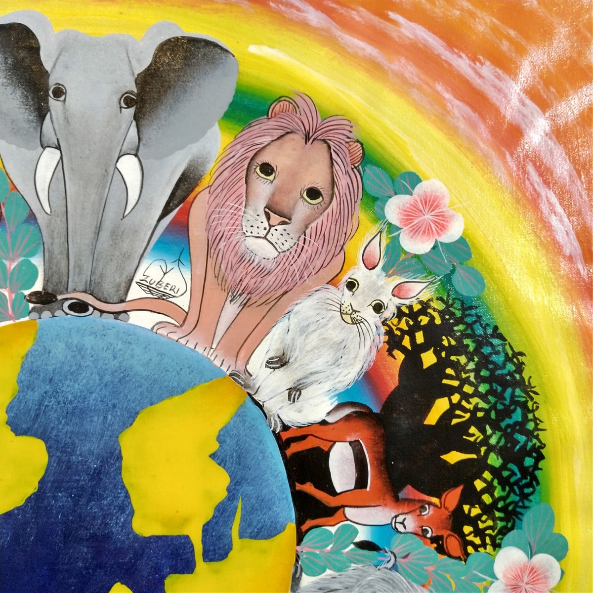 ○アフリカ絵画:ティンガティンガ『 Animal world -orange 』by