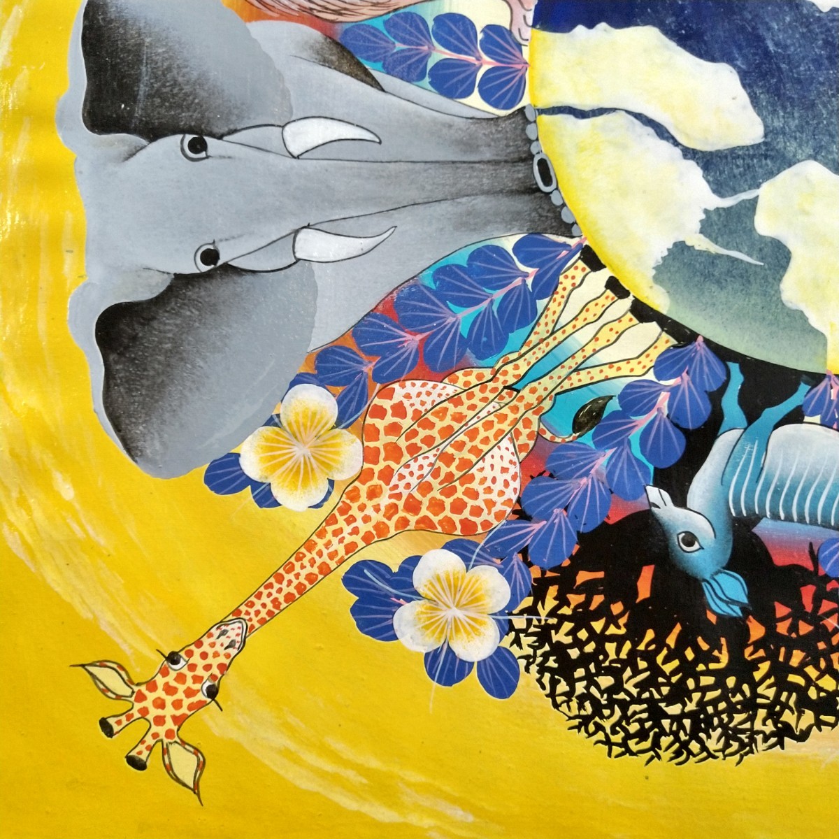 ○アフリカ絵画:ティンガティンガ『 Animal world -yellow 』by