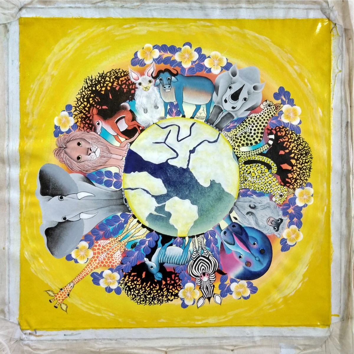 ○アフリカ絵画:ティンガティンガ『 Animal world -yellow 』by