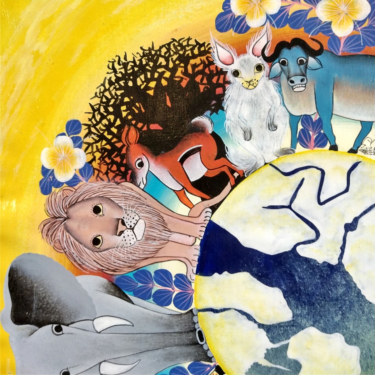 ○アフリカ絵画:ティンガティンガ『 Animal world -yellow 』by