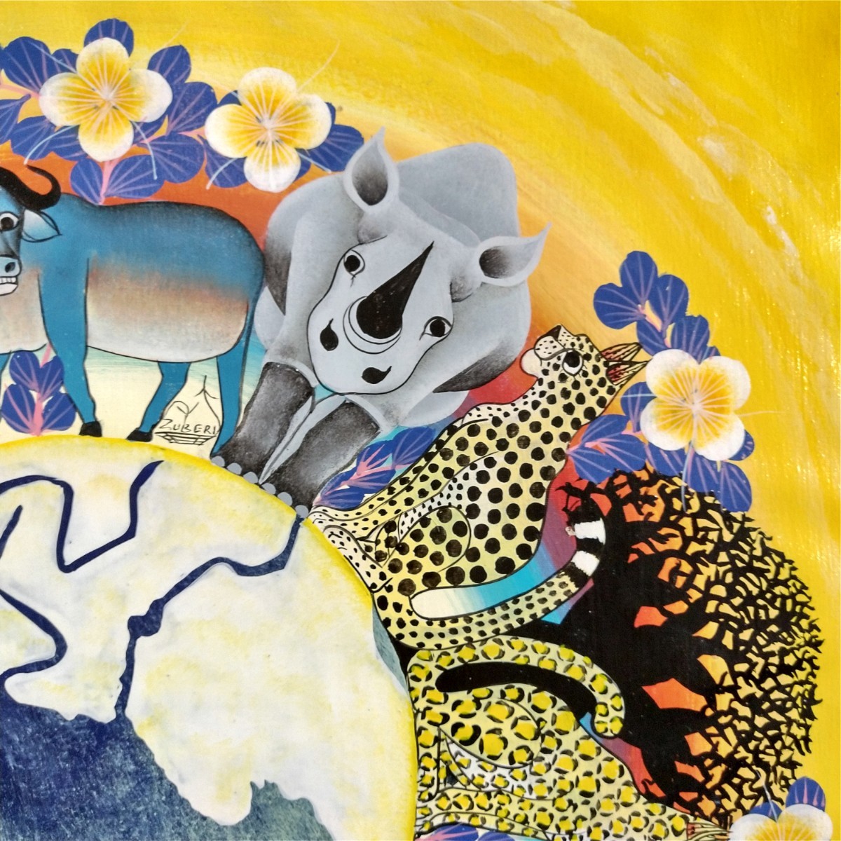 ○アフリカ絵画:ティンガティンガ『 Animal world -yellow 』by