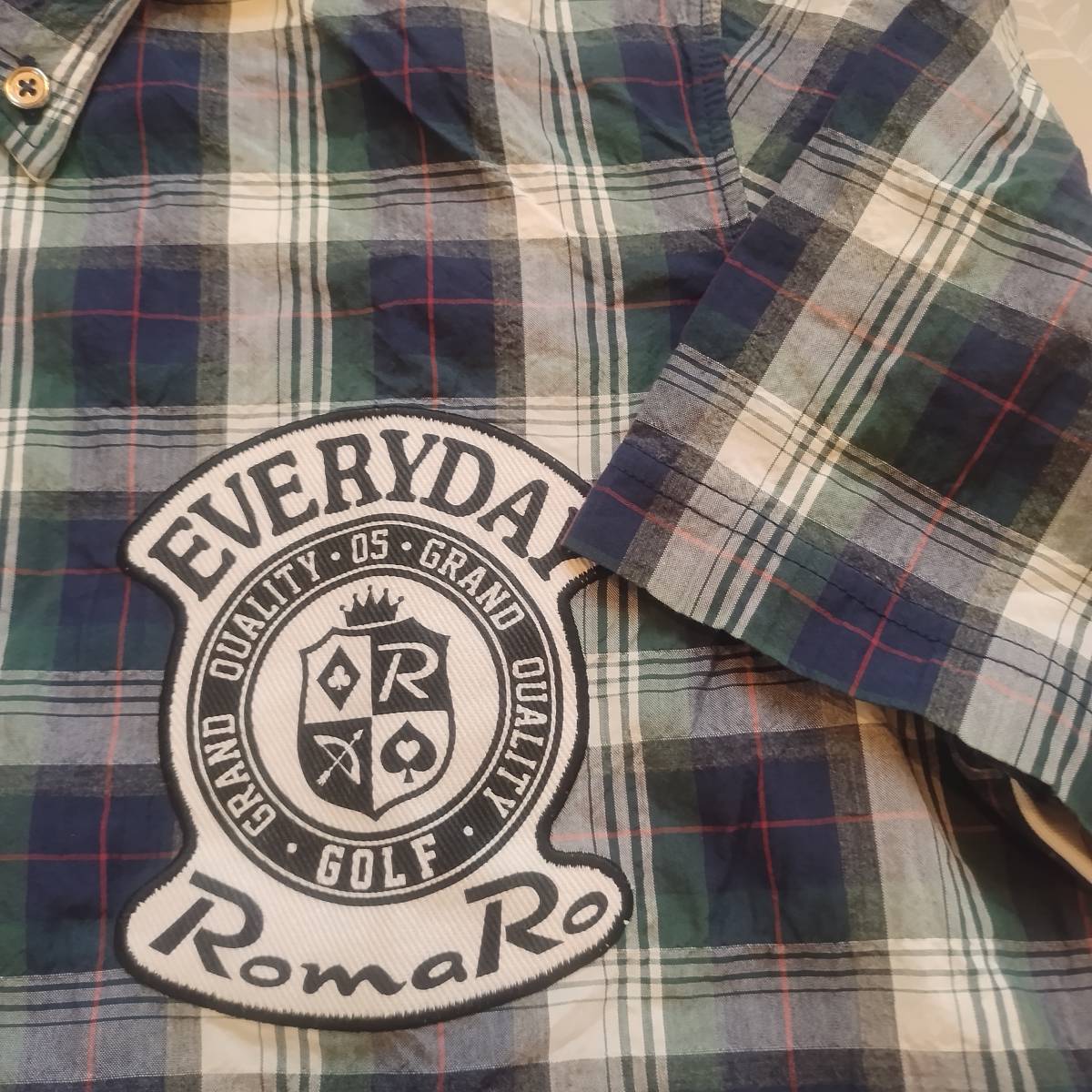 美品！　ロマロ　RomaRo　半袖シャツ　サイズＭ　ボタンダウン　グリーン系×チェック柄　綿/ポリエステル