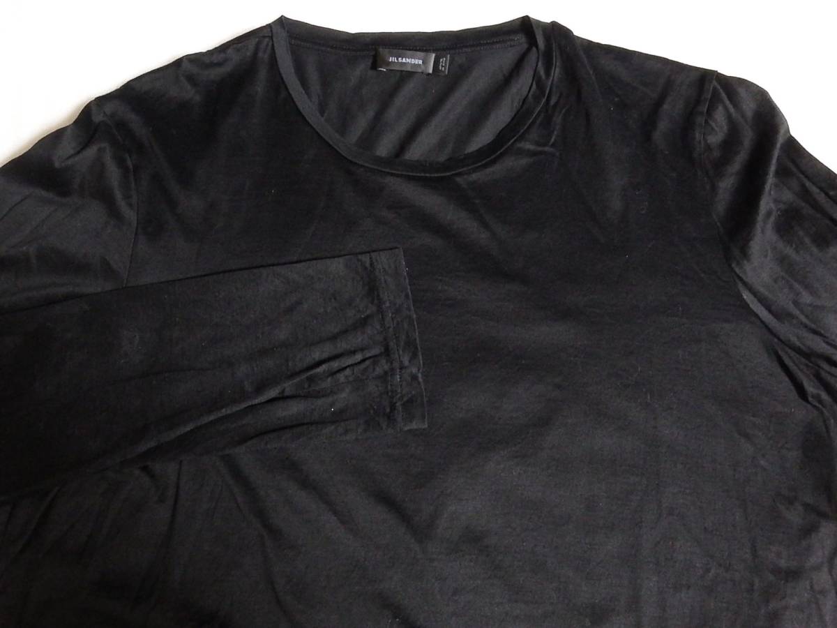 【送料無料】 JIL SANDER ジルサンダー クルーネック 長袖 カットソー Tシャツ XL ブラック 光沢感があるコットン