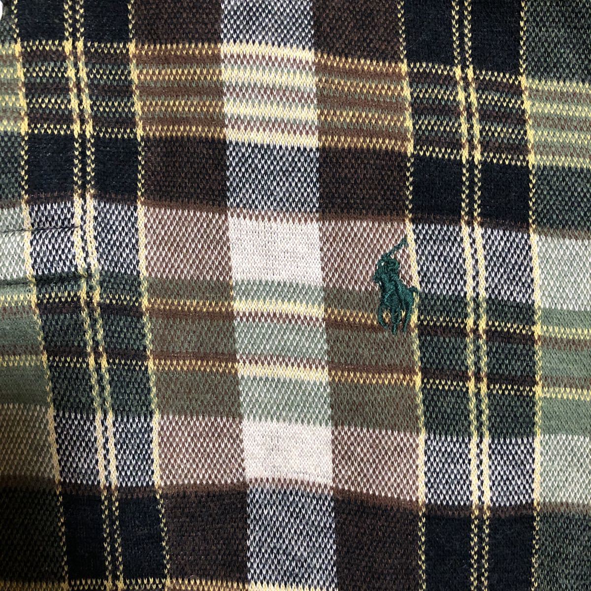 90s POLO RALPH LAUREN ポロシャツ チェック 緑 茶 Mサイズ 古着 ラルフローレン 刺繍_画像5