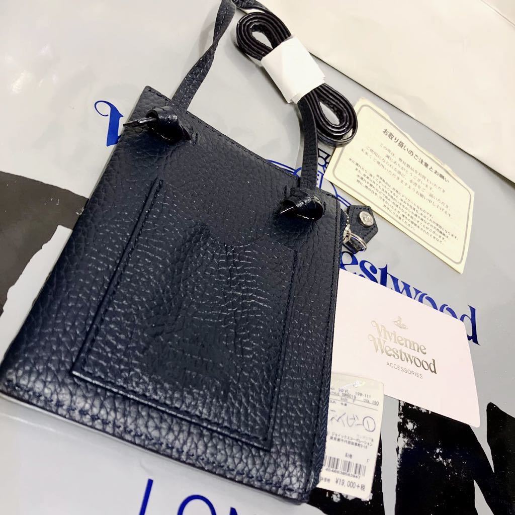 送料込●新品●価20900円 Vivienne Westwood 首掛けカードケース小物小銭入 本牛革 紺③ ネックストラップ93cm ヴィヴィアンウエストウッド