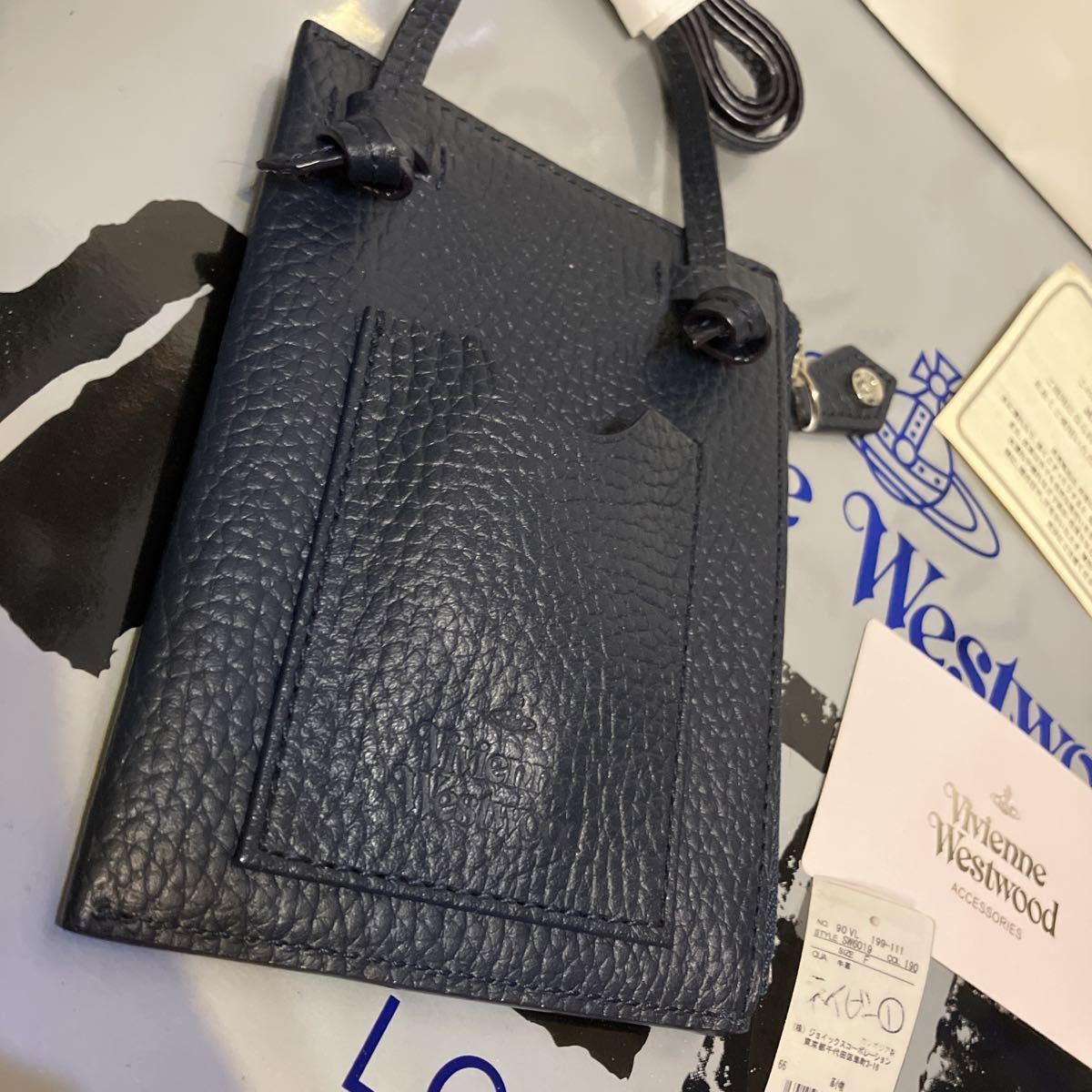 送料込●新品●価20900円 Vivienne Westwood 首掛けカードケース小物小銭入 本牛革 紺③ ネックストラップ93cm ヴィヴィアンウエストウッド