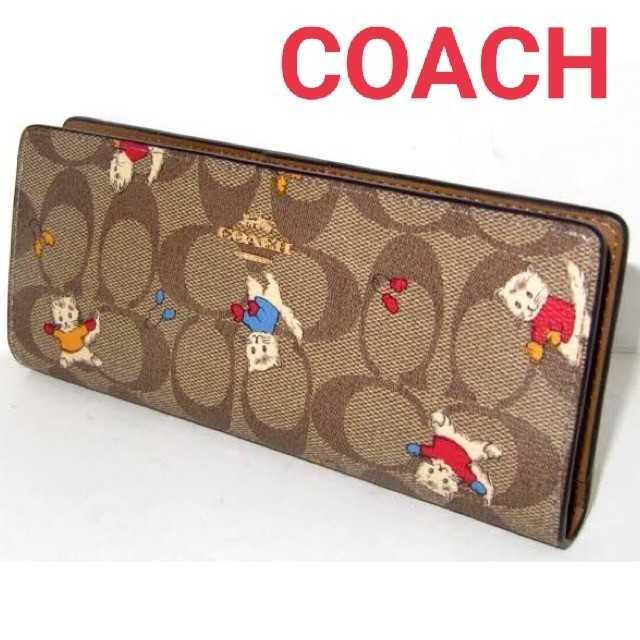 コーチ COACH 新品 長財布 レディース レザーギフト こねこ 猫 激かわ カーキ ブランド 女性用 正規品 ねこ キャット 小銭入 ロゴ