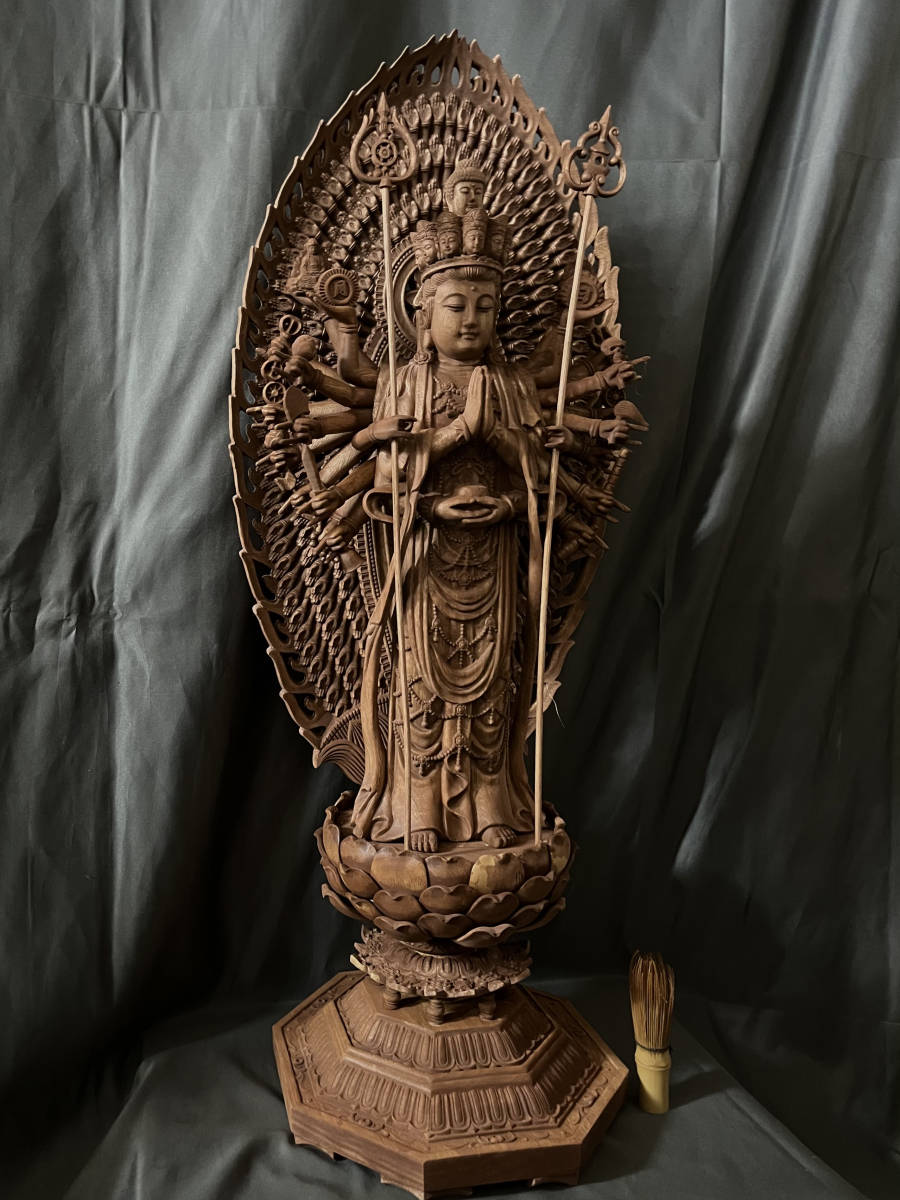 特大型高80cm 仏教工芸品 総楠製 井波彫刻 極上彫 木彫仏像 千手観音