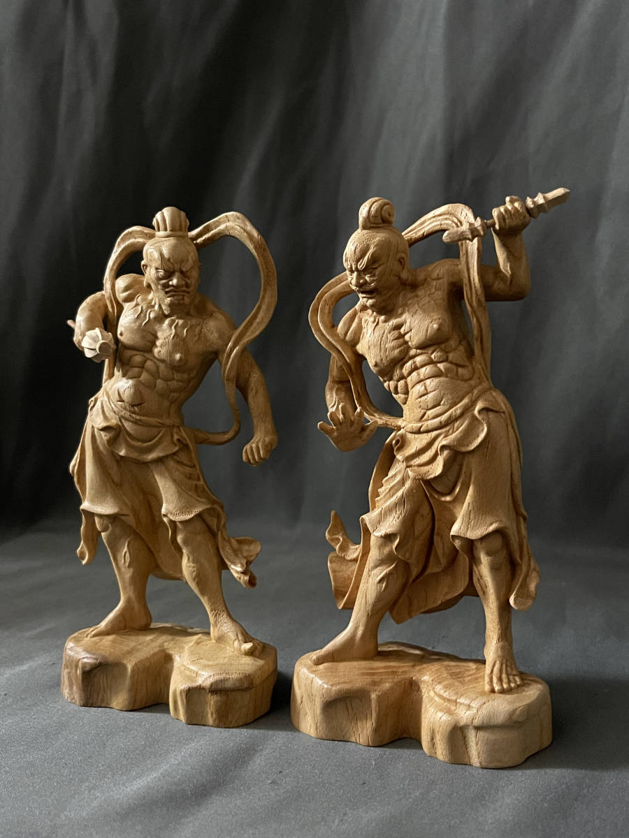 井波彫刻 仏教工芸品 総ケヤキ製 一刀彫 極上彫 木彫仏像 仁王立ち