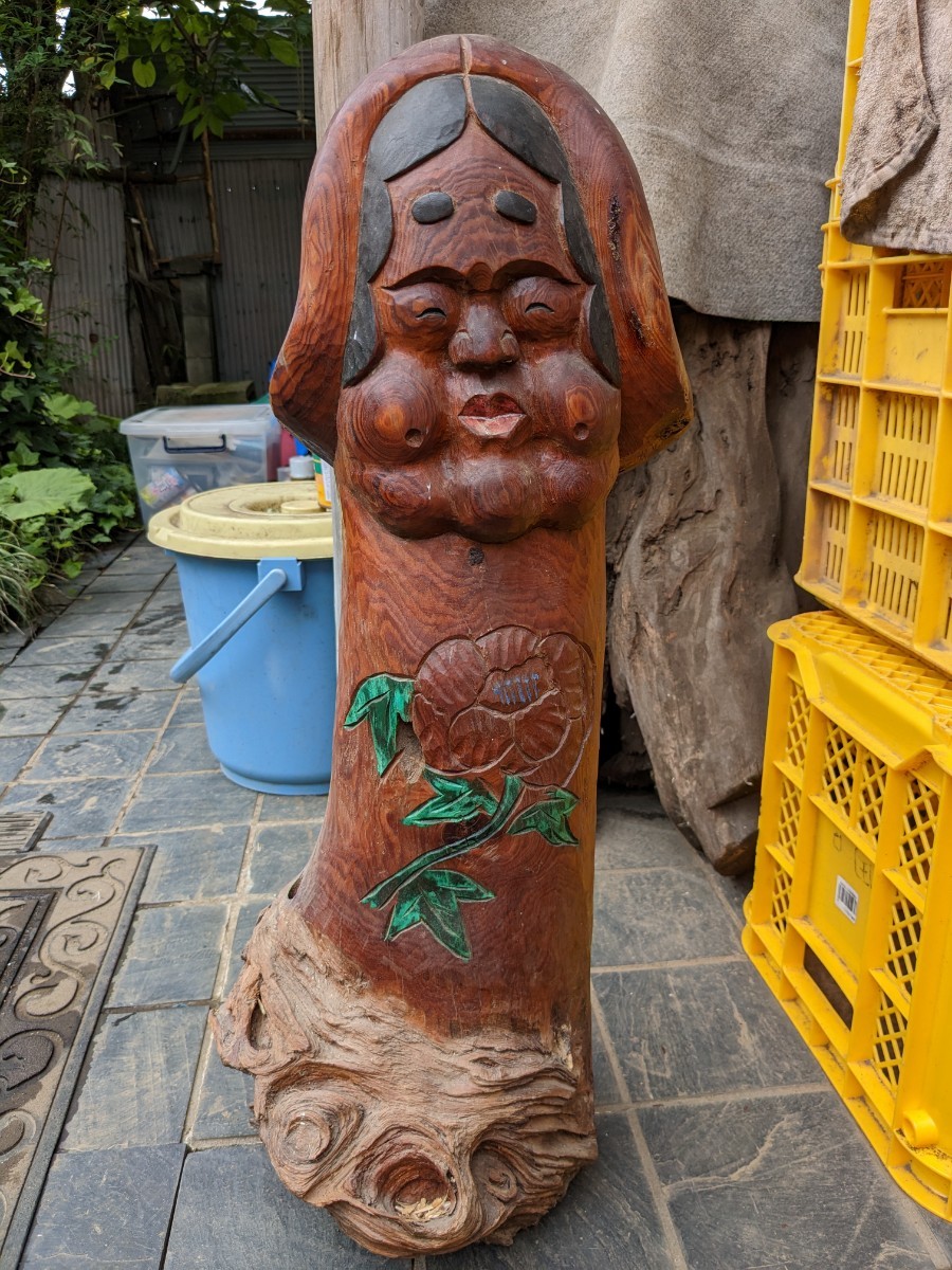 古い　木彫り　高さ約70センチ　お福さん　田の神　木製　縁起物　福の神　魔除け　あそこの形