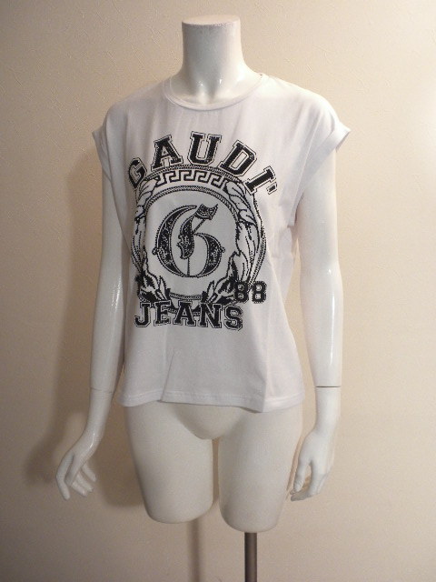 即決！新品2022SSモデル☆彡ITALY『GAUDI JEANS』◇お薦め”ガウディ・ジーンズ◇黒ラインストーン装飾！可愛い”白プリント柄Ｔシャツ！_画像7