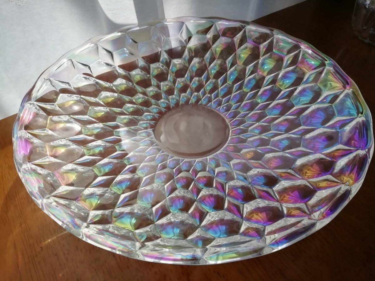 虹色 ガラス プレート 約29cm オーロラ パール 昭和レトロ アンティーク Rainbow glass dish antique 送料込み