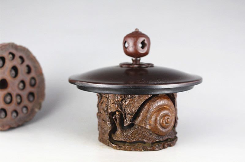 極美古銅煎茶道具 質感 細工カタツムリ木幹銅盖置_画像4