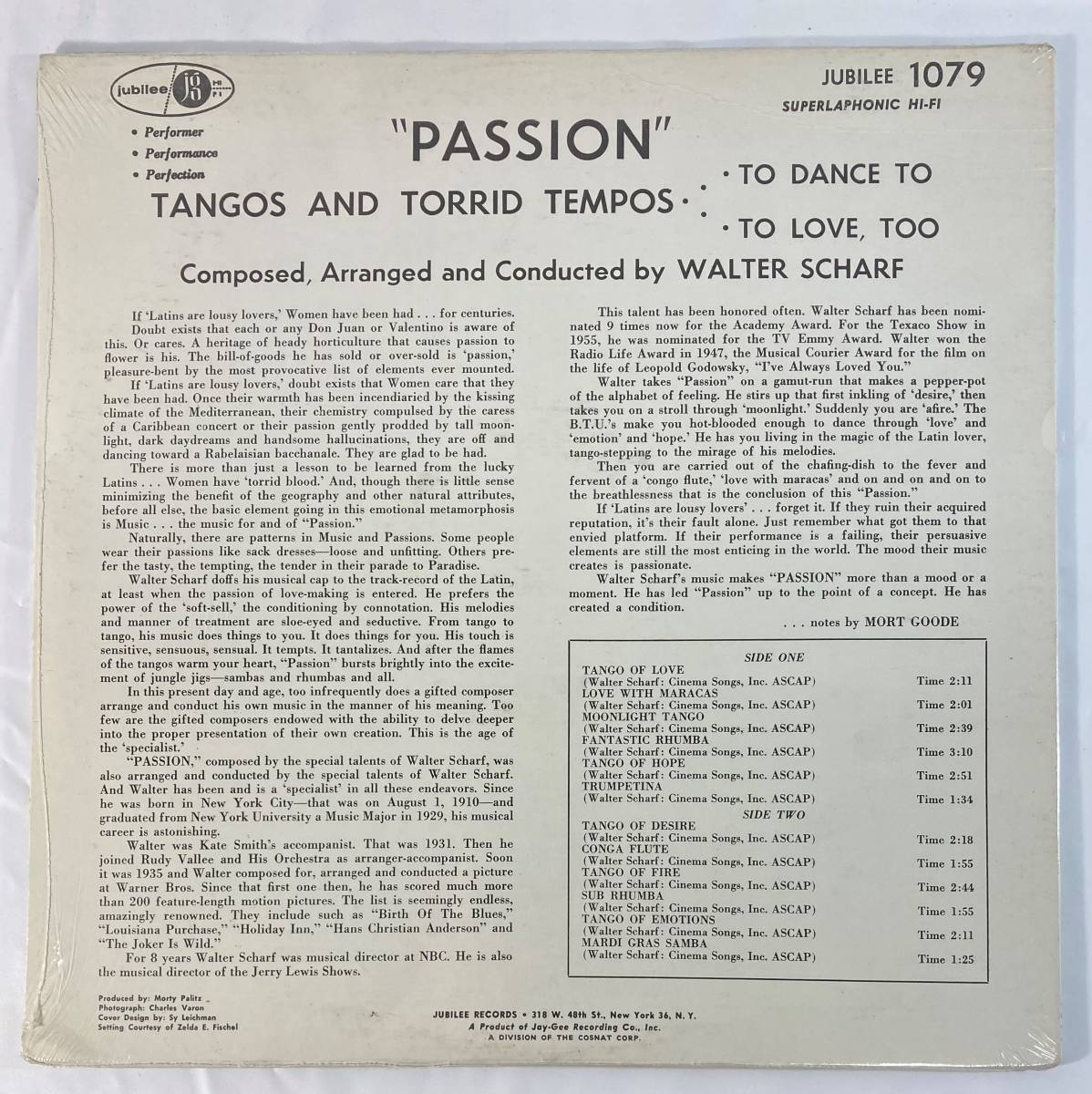 ウォルター・シャーフ (Walter scharf) & his orchestra / Passion! 米盤LP Jubilee JGM 1079 MONO 未開封_画像2