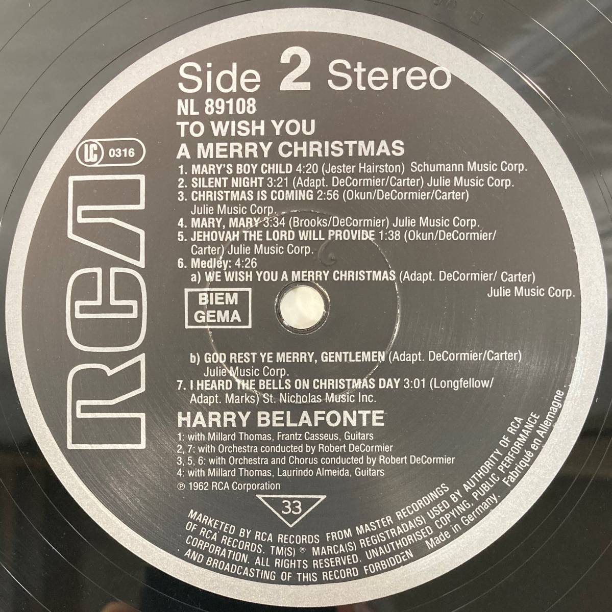 ハリー・ベラフォンテ (Harry Belafonte) / to with you A Merry Christmas 西独盤LP RCA NL 89108 未使用に近い_画像6