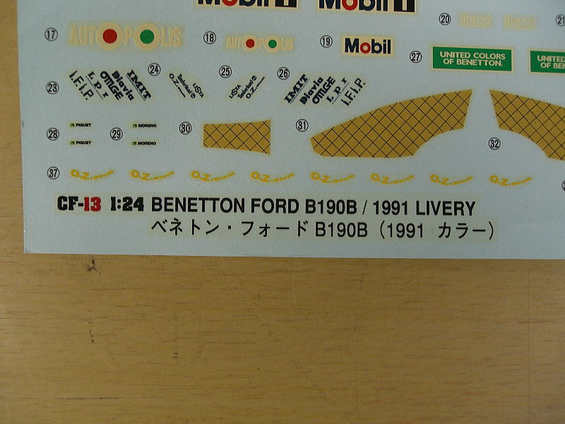 1/24 ハセガワ ベネトン フォード B190B （1991カラー） デカール_画像2