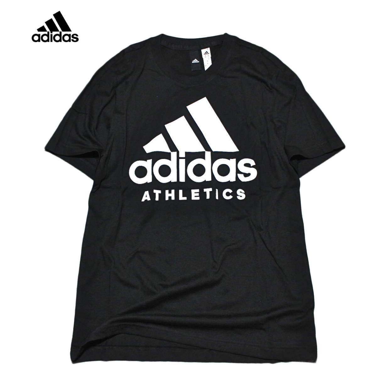 【新品】アディダス アスレティクス 半袖 Tシャツ【49：黒】XO adidas 3本ライン ビッグロゴ ラン ジョギング トレーニング ジム 自宅 家_画像1