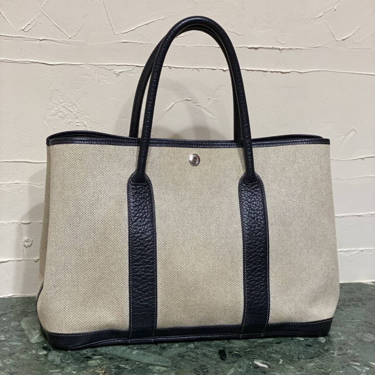 良品 HERMES ガーデンパーティPM トワルアッシュ レザー アイボリー