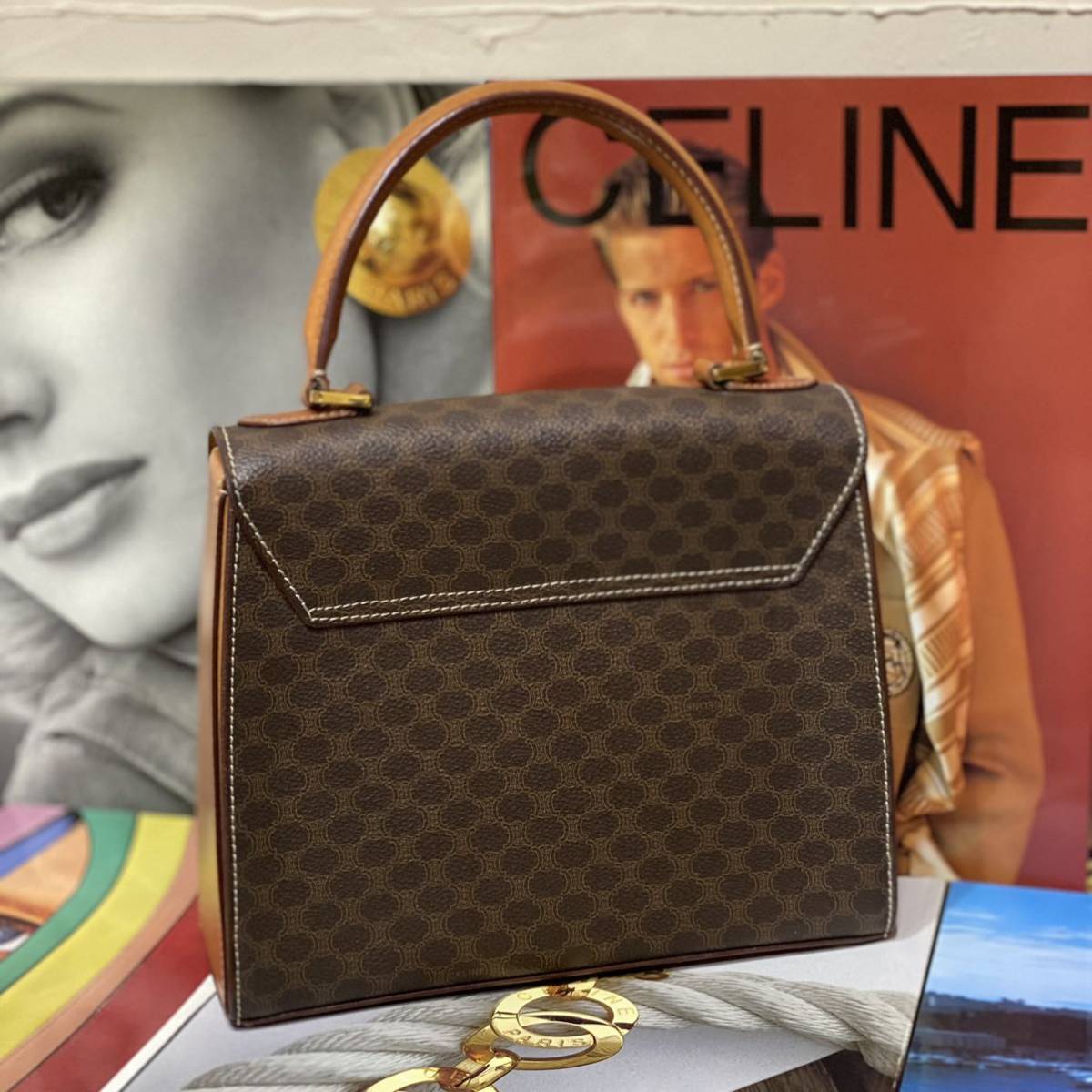 希少モデル VINTAGE OLD CELINE ハンドバッグ マカダム ターンロック金具 PVC×レザー ブラゾン トリオンフ クラシカル ヴィンテージバッグ_画像4