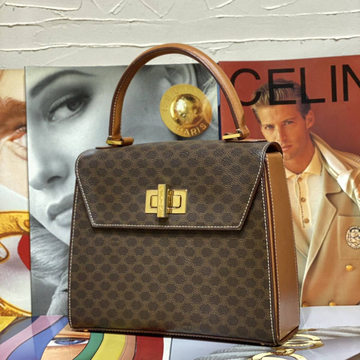 希少モデル VINTAGE OLD CELINE ハンドバッグ マカダム ターンロック金具 PVC×レザー ブラゾン トリオンフ クラシカル ヴィンテージバッグ_画像2